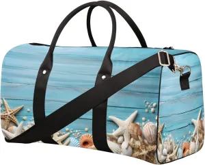 Wooden Board Blue Starfish Travel Duffel Bag for Women Men Small Sport Gym Bag Waterproof Weekender Overnight Lightweight Carry on Foldable Gym Bag for Training Swim Yoga Traveling Handbag