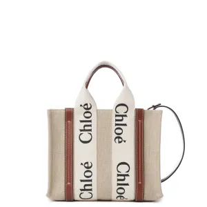 Woody Tote Small Strap Linen, White/Brown