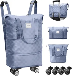 WOOMADA Expandable Foldable Rolling Duffel Bag with Wheels, Detachable Rolling Backpack Weekend Bag for Travel, Business, Camping, Gift for Parents, Spouse(blue checkerboard)