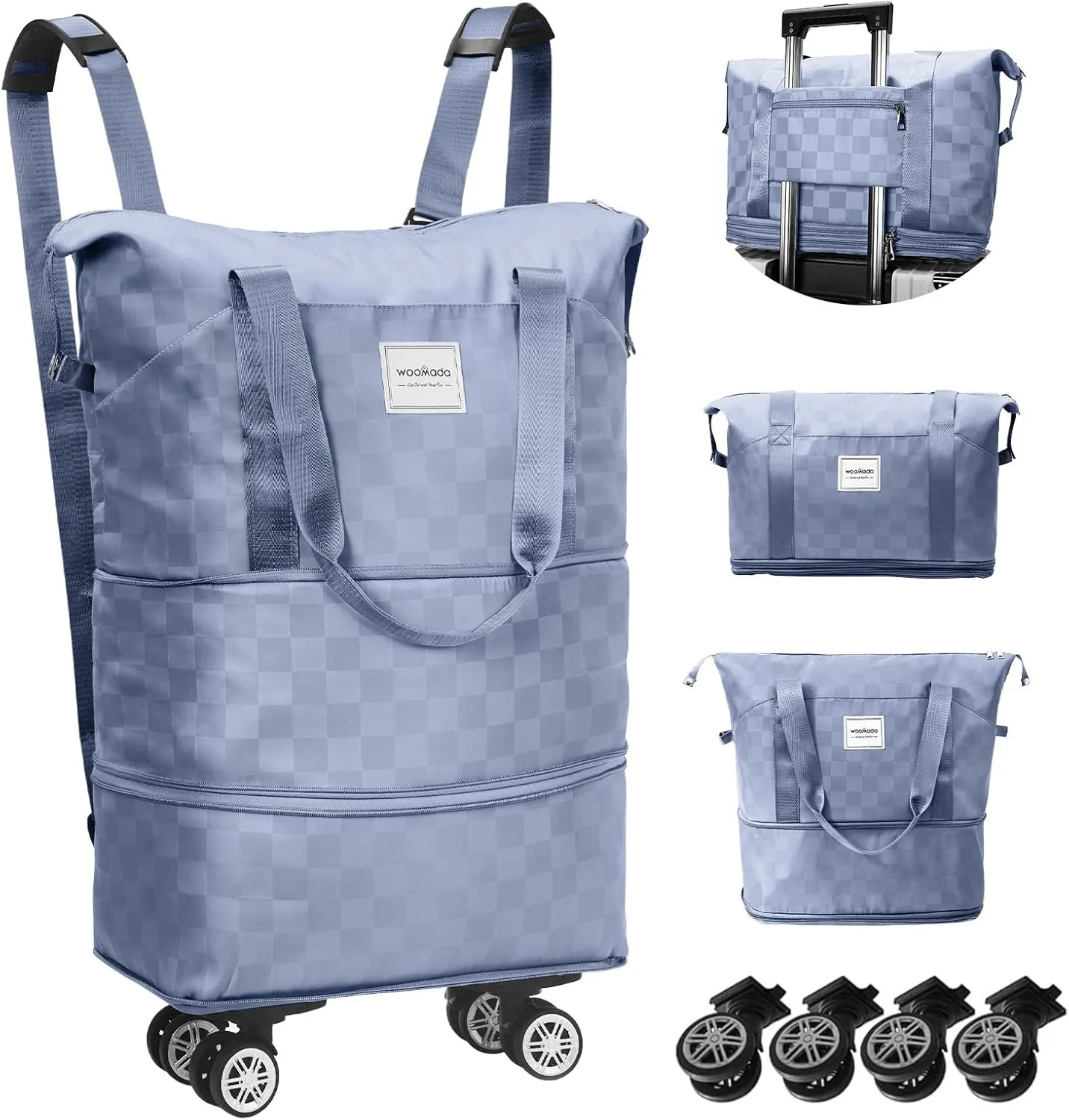 WOOMADA Expandable Foldable Rolling Duffel Bag with Wheels, Detachable Rolling Backpack Weekend Bag for Travel, Business, Camping, Gift for Parents, Spouse(blue checkerboard)