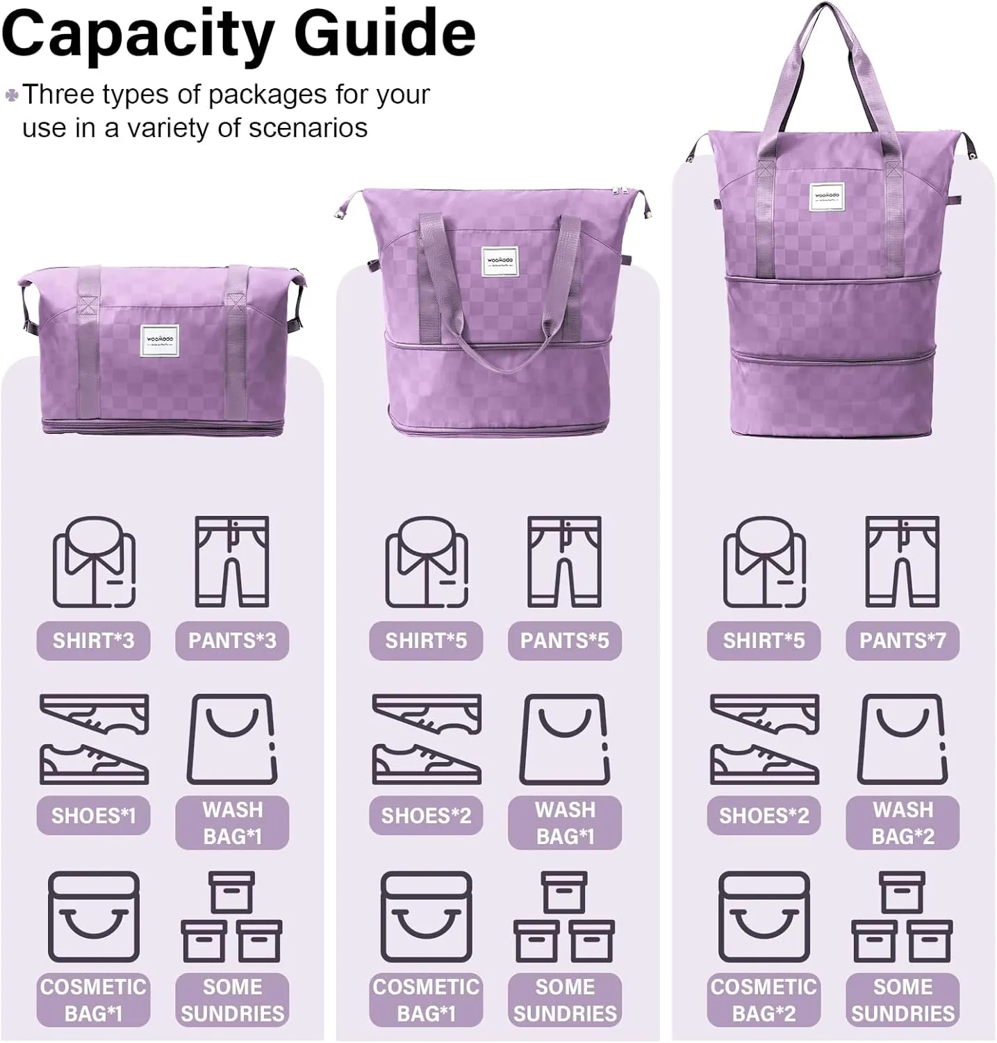 WOOMADA Rolling Duffel Bag with Wheels, Detachable Rolling Carry-On Luggage, Expandable Foldable Large Suitcase for Travel, Business, Camping, Gift for Parents, Spouse(Lavender Checkerboard)