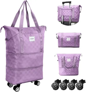 WOOMADA Rolling Duffel Bag with Wheels, Detachable Rolling Carry-On Luggage, Expandable Foldable Large Suitcase for Travel, Business, Camping, Gift for Parents, Spouse(Lavender Checkerboard)