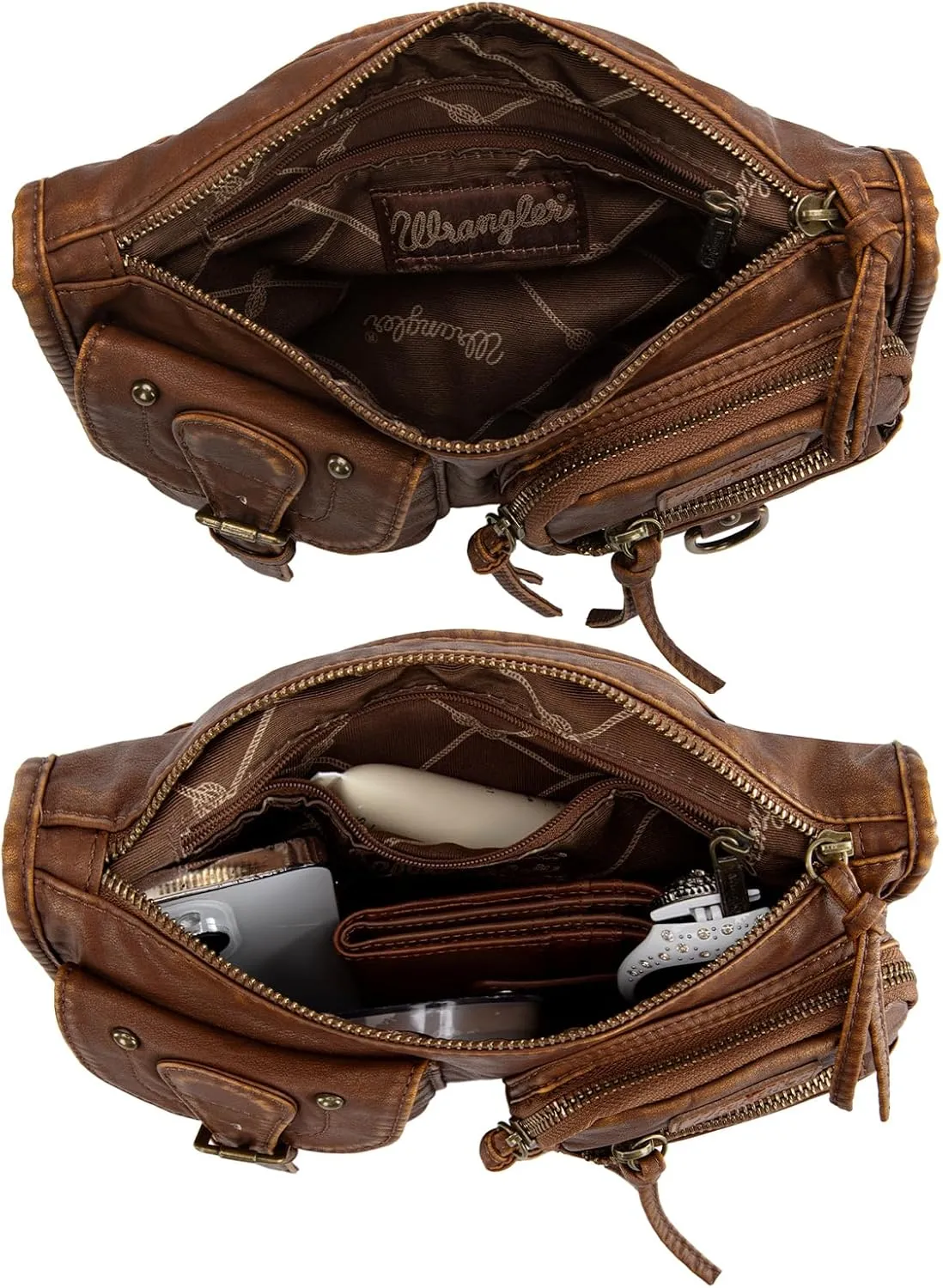 Wrangler Crossbody Bag for Women Small Soft Washed Leather Multi Pocket Shoulder Purses