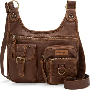Wrangler Crossbody Bag for Women Small Soft Washed Leather Multi Pocket Shoulder Purses