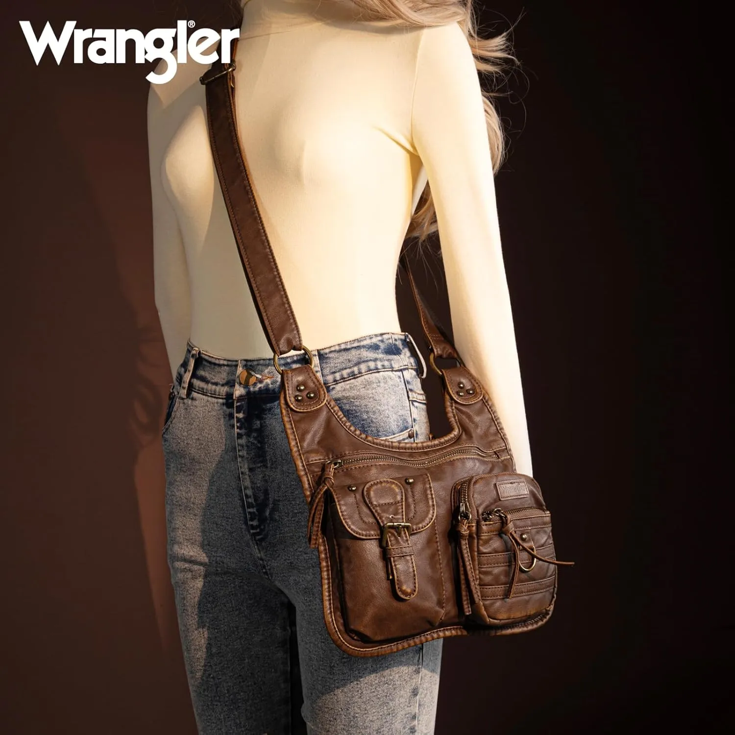 Wrangler Crossbody Bag for Women Small Soft Washed Leather Multi Pocket Shoulder Purses