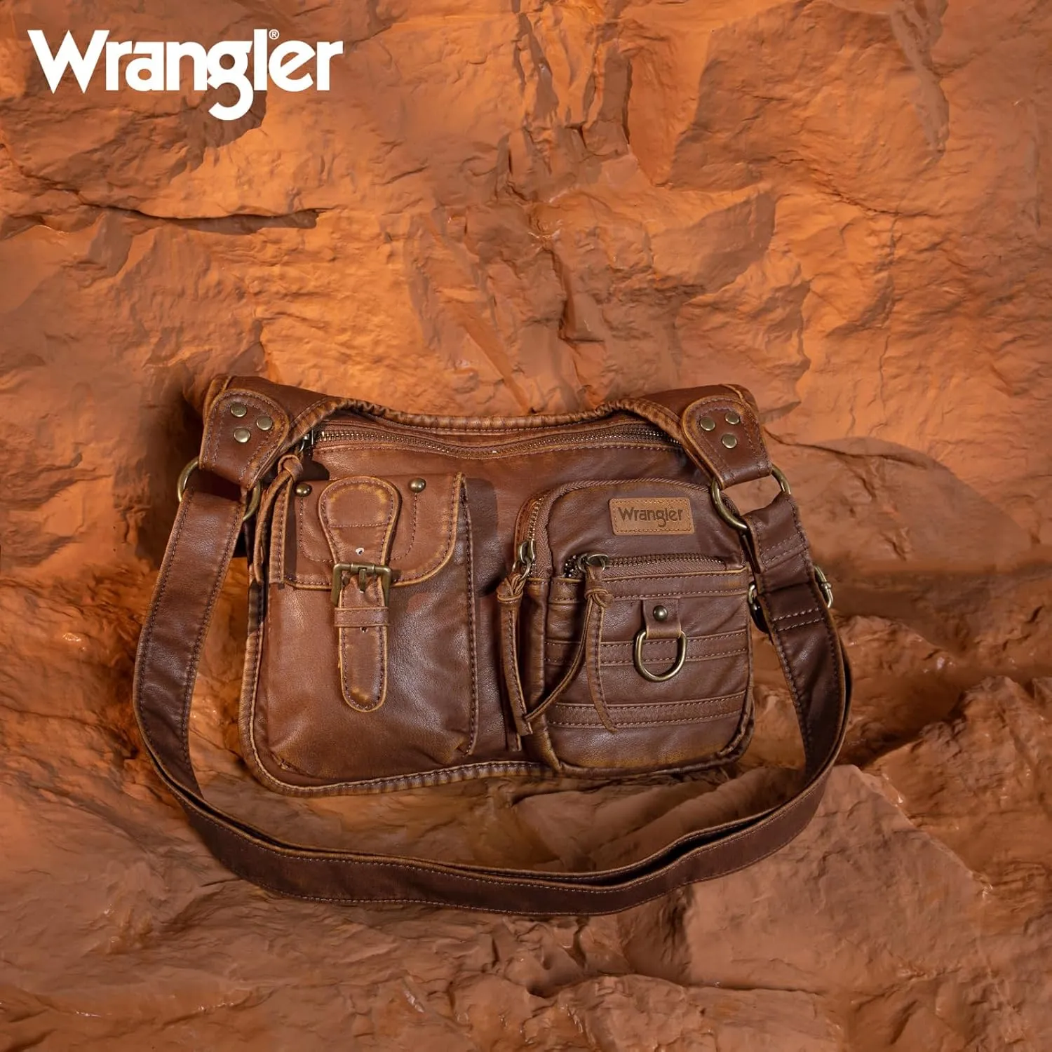 Wrangler Crossbody Bag for Women Small Soft Washed Leather Multi Pocket Shoulder Purses