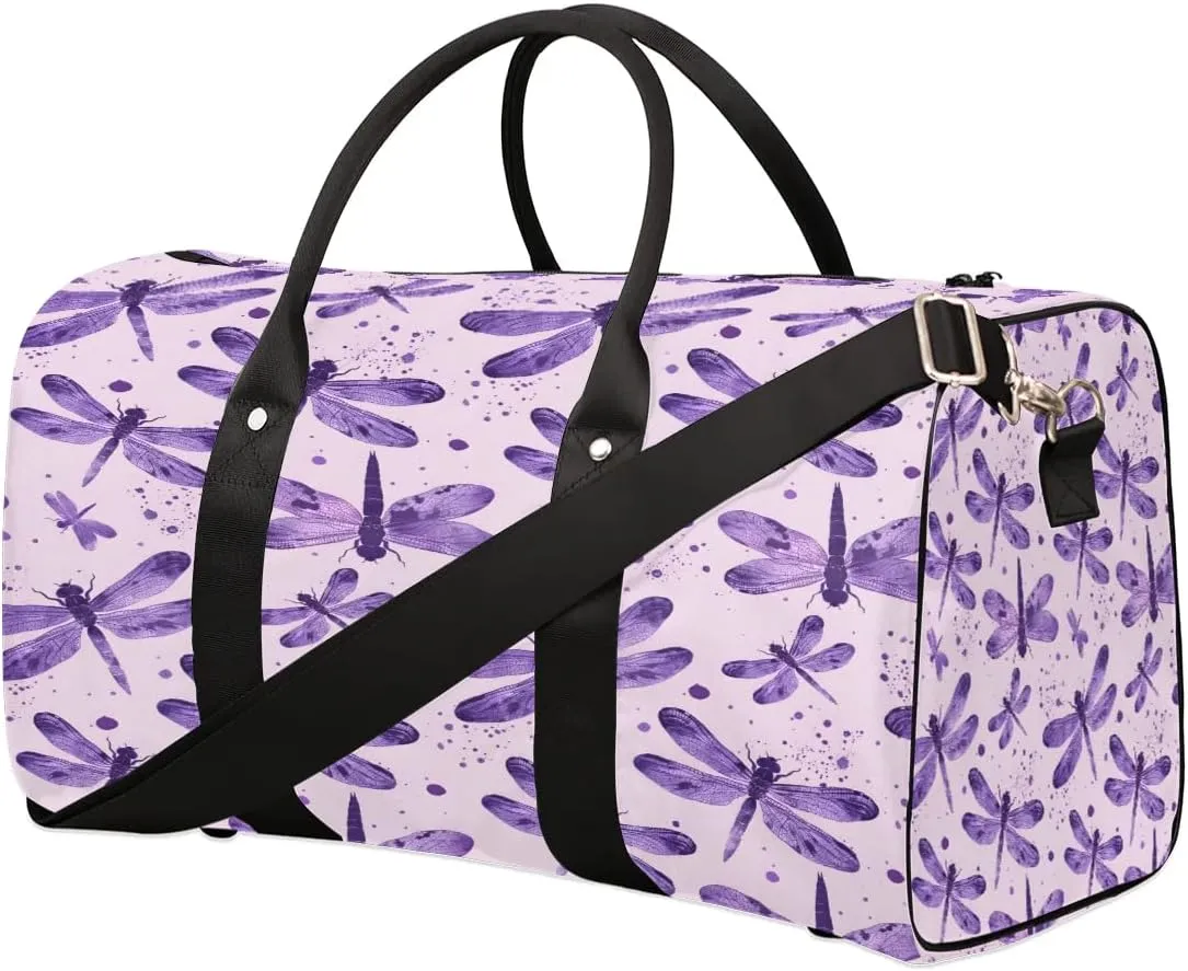 Yzrwebo Watercolour Dragonfly Travel Duffle Bag for Men Women Purple Dragonfly Overnight Weekender Bag Foldable Travel Duffel Bag Large Sports Gym Bag Waterproof Luggage Tote Bag Tear Resistant