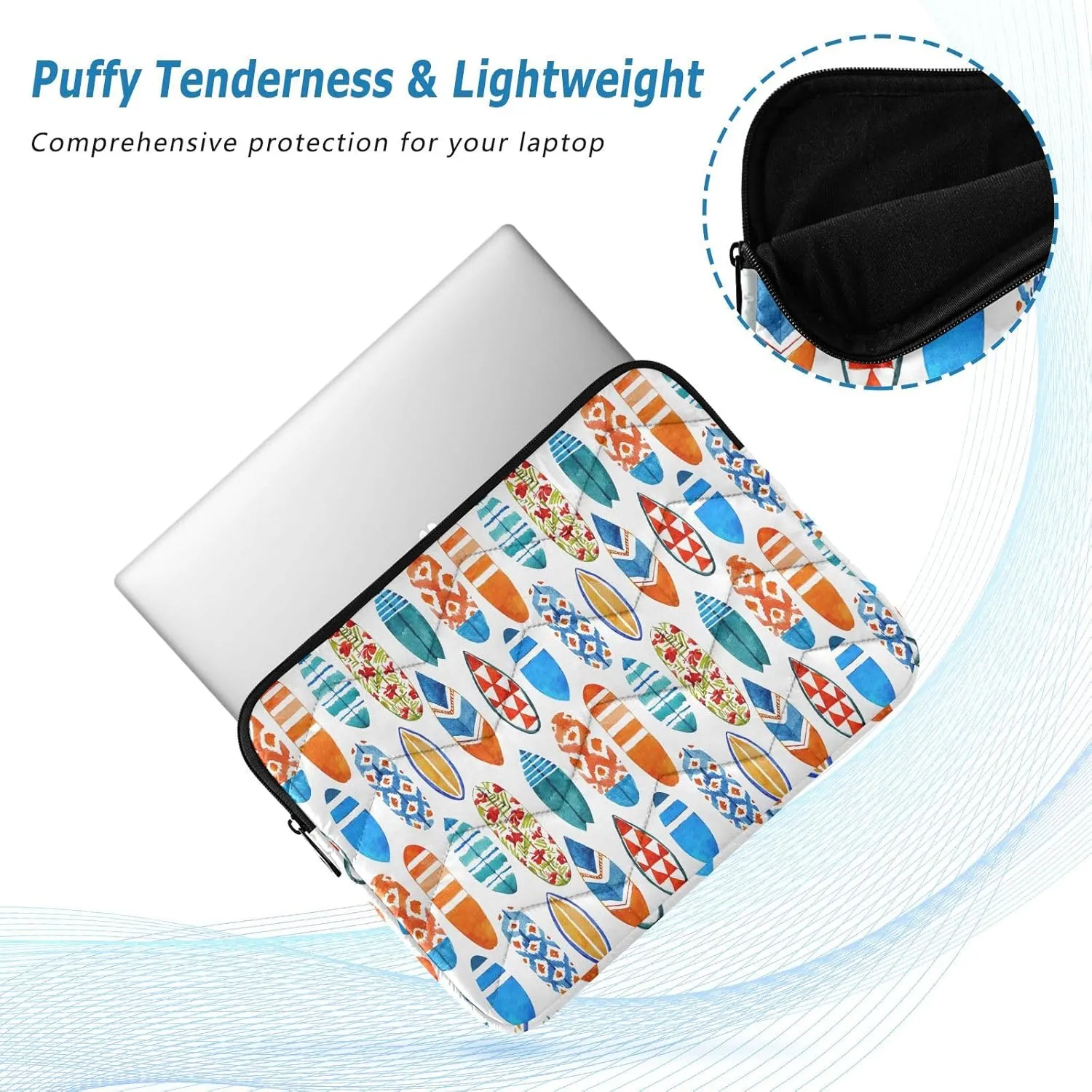 Zipper Laptop Messenger Bag, Case Sleeve Suitable for 13 in to 14 in Notebook Bag, Shoulder Strap Tablet Briefcase Print Surfboard Watercolor Seamless Summer Beach Patterns
