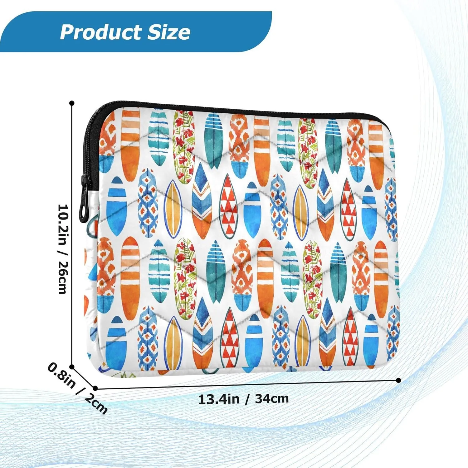 Zipper Laptop Messenger Bag, Case Sleeve Suitable for 13 in to 14 in Notebook Bag, Shoulder Strap Tablet Briefcase Print Surfboard Watercolor Seamless Summer Beach Patterns