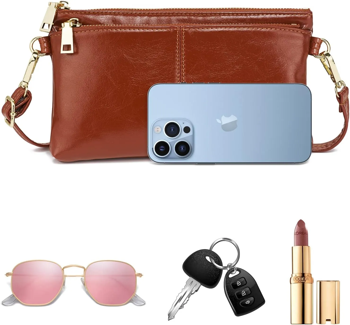 ZOOEASS Triple Zip Small Crossbody Bag Lightweight Purses Vegan Leather Wristlet Clutch, Includes Adjustable Shoulder