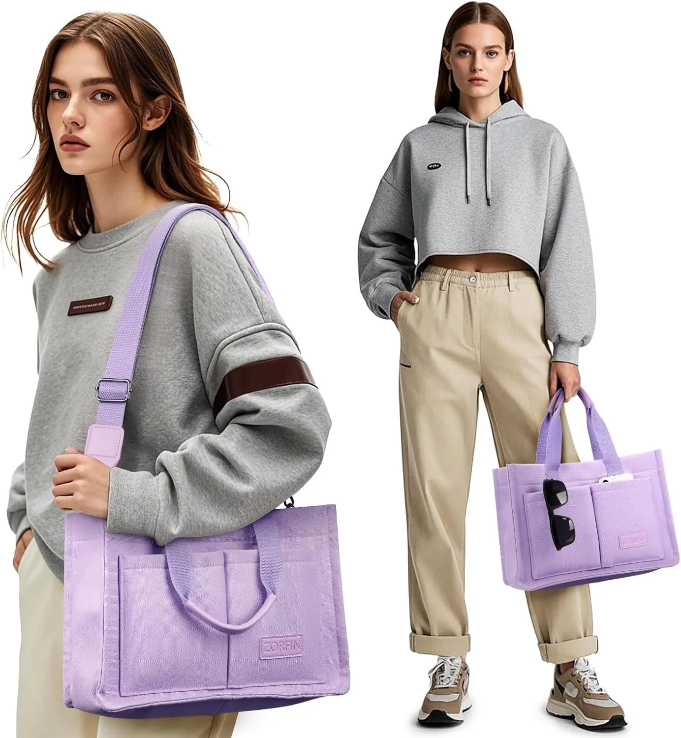 ZORFIN Canvas Tote Bag for Women with Zipper and Compartments Crossbody Work Laptop Bag for Travel College Office