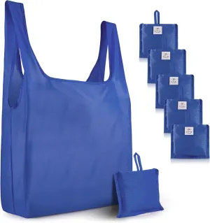 Zulay Kitchen 5 Pack 50 Pound Reusable Grocery Bags - Large Foldable Reusable Bags With Handles and Drawstring Bag - Durable Machine Washable Reusable Shopping Bags Foldable (Blue)